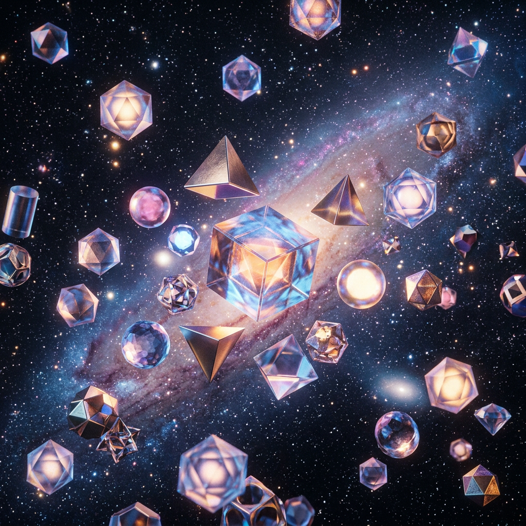 Glowing geometric shapes floating in front of a galaxy