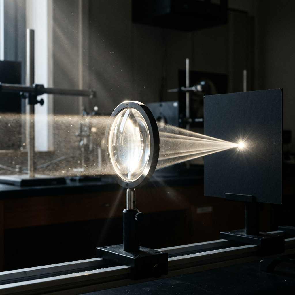Convex lens concentrating light beam onto a black screen